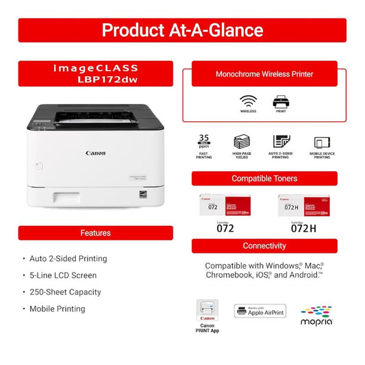 Canon LBP 172DW Monochrome Laser Printer | Wireless WiFi Duplex Printing | High Speed Black & White Printer for Home Office & Business Use | Compact Energy Efficient Network Printer with Mobile Printing Support
