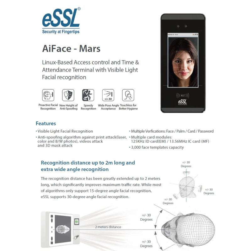 ESSL Ai Face-Mars Facial & Fingerprint Attendance Machine – 5″ Touchscreen Biometric Access Control Terminal with Linux OS, Multi-Verification (Face/Card/Password)