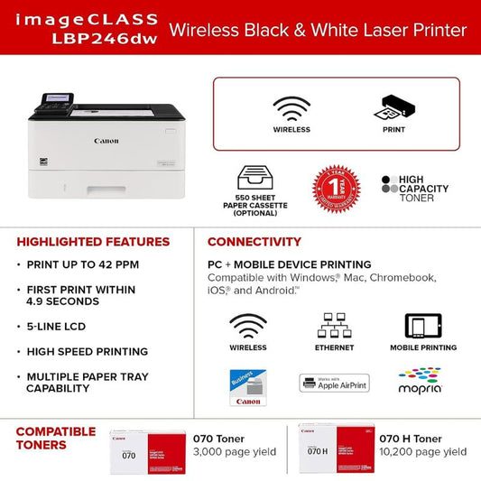 Canon imageCLASS LBP246dw | Monochrome Laser Printer | Wireless Duplex Printing | High-Speed Office Printer