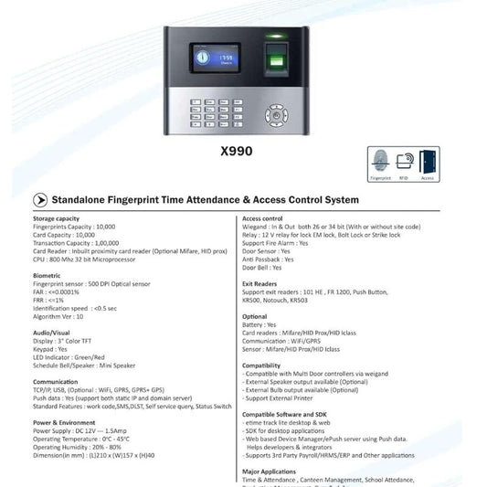 ESSL X990+ID Fingerprint & Card Biometric Attendance Machine – 3″ Color Display Time Attendance & Access Control System for Offices, Schools, and Factories