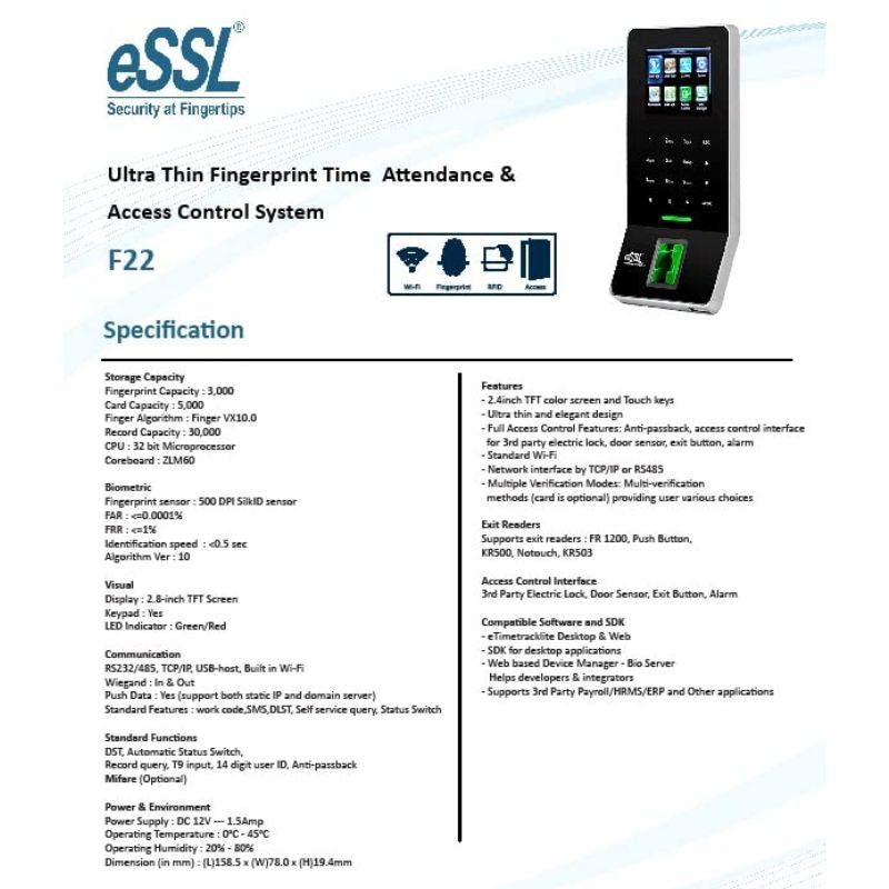 Essl F22 WiFi Enabled Fingerprint Time Attendance Machine with Access Control Feature, Lifetime Desktop Software, 3000 Users, 1 Lac Log, Cloud, Android App, Weigand Support