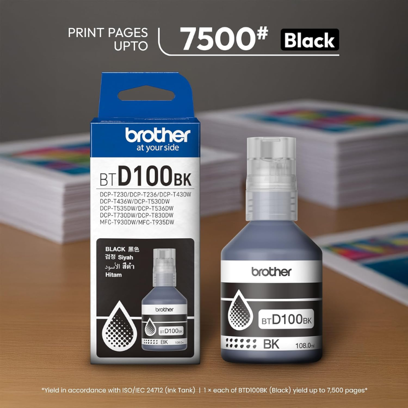 Brother BTD100BK Black Ink Bottle |108 ml |Genuine High-Yield Ink for Brother Ink Tank Printers| 7,500 Pages| Spill-Resistant Design