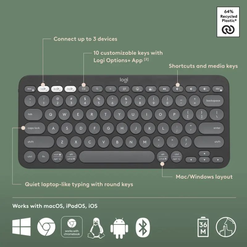 Logitech Pebble Keys 2 K380 Wireless Keyboard & Mouse Combo | Bluetooth & USB Receiver | Silent Typing | Multi-Device Pairing | Slim Portable Design"