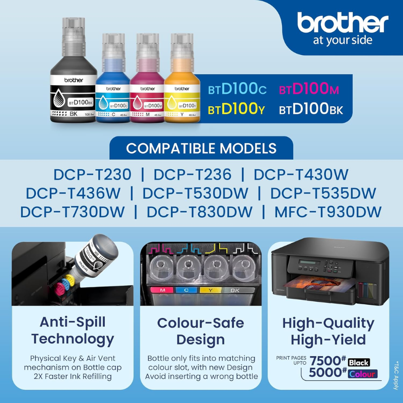 Brother BTD100BK Black Ink Bottle |108 ml |Genuine High-Yield Ink for Brother Ink Tank Printers| 7,500 Pages| Spill-Resistant Design
