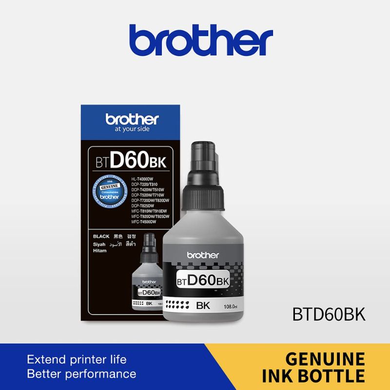 Brother BTD60BK Black Ink Bottle |108 ml |Genuine High-Yield Pigment-Based Ink for Brother Ink Tank Printers| 7,500 Pages| Spill-Resistant Design