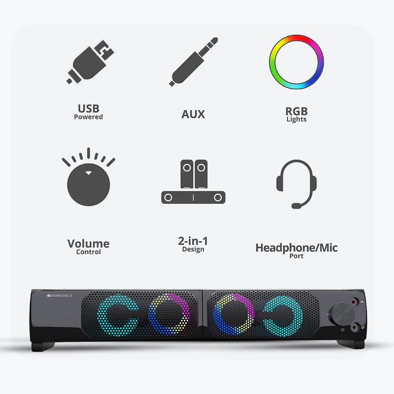 Zebronics Zeb-Wonderbar 10 Convertible 2.0 Speaker | 10W RMS | 2-in-1 Soundbar or Satellite Mode | USB Powered | RGB Lights | 3.5mm AUX Connectivity