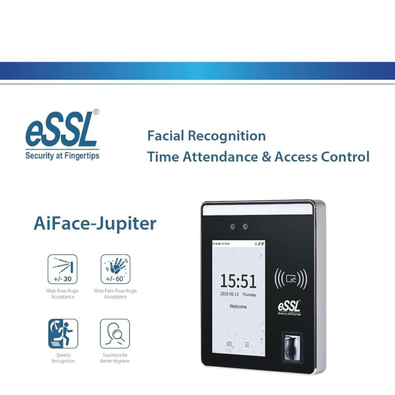 ESSL Ai Face-Jupiter Biometric Attendance & Access Control Terminal – Multi-Verification (Face, Fingerprint, Card, Password), Touchless Recognition, 5″ Touchscreen, 200,000 Logs, TCP/IP & Wi-Fi Connectivity for Offices
