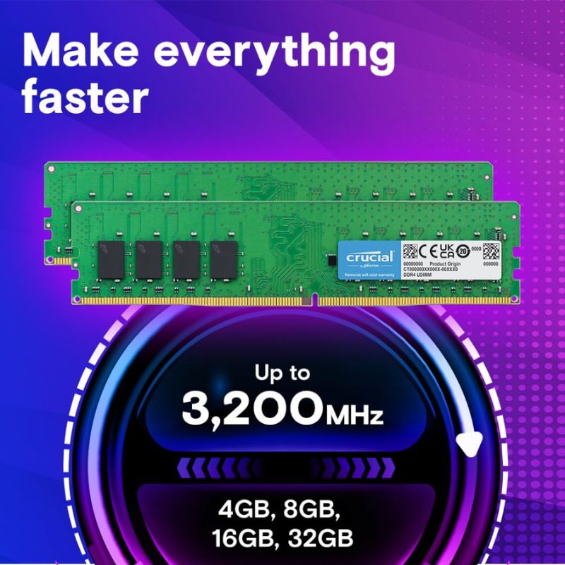 Crucial 16GB DDR4 3200MT/s | PC4-25600 | CL22 CAS Latency | 1.2V Low Voltage Desktop RAM | 288-Pin Long-DIMM | Plug-and-Play Memory Expansion | Limited Lifetime Warranty