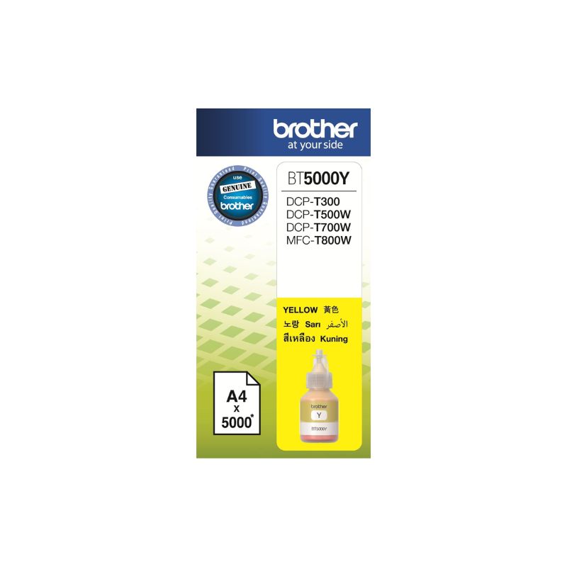 Brother BT5000Y Yellow Ink Bottle |48.8 ml |Genuine High-Yield Dye-Based Ink for Brother Ink Tank Printers| Up to 5,000 Pages| Spill-Resistant Refill Design