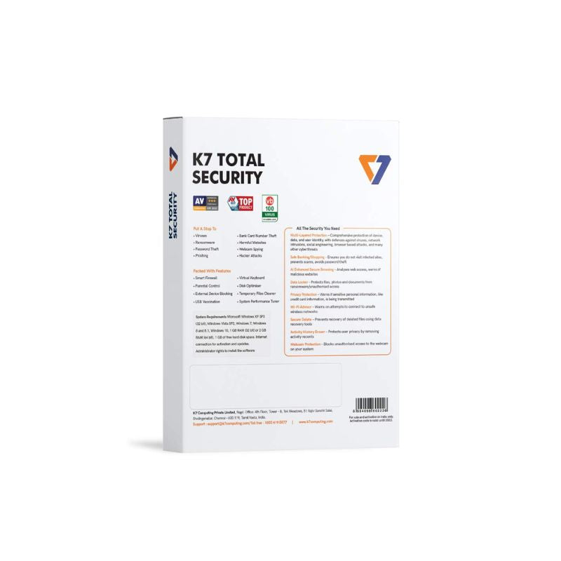 K7 Total Security | 1 User 1 Year | Antivirus Internet Security | Real-Time Protection | Firewall Ransomware Protection | USB & Email Security | Windows Compatible