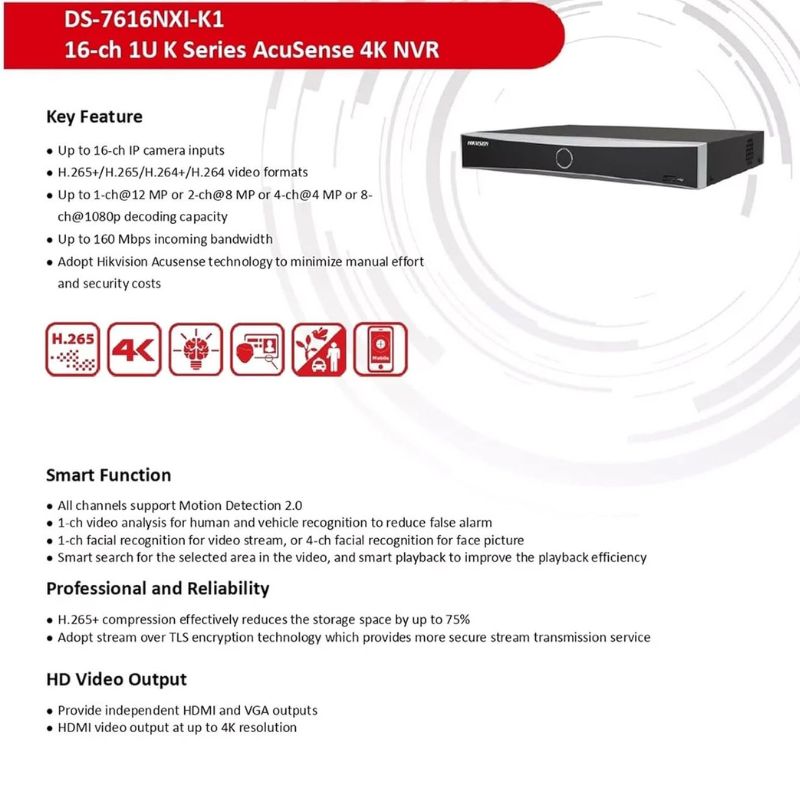 Hikvision 16 Channel 2MP DVR, H.265+/H.265 Video Compression, Smart Motion Detection, ONVIF Compatible