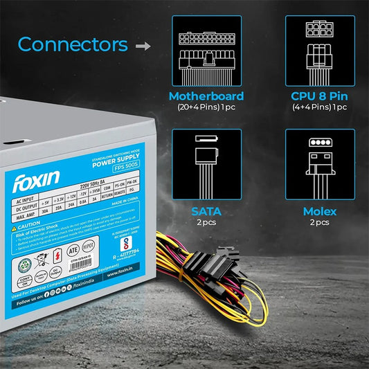 Foxin 500W SMPS | ATX Power Supply Unit | 500 Watt PSU | 20+4 Pin | SATA Power Connectors | Reliable Desktop PC Power Supply